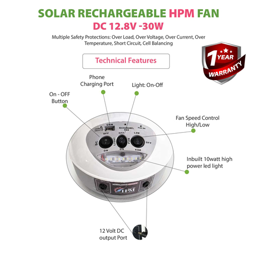 30 Watt Solar Fan Rechargeable  , Inbuilt Lithium Battery 12.8V - 10Ah 