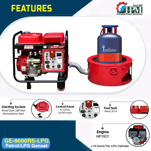 10 KVA Portable Generator, Model GE-9000RS-LPG, Petrol & LPG RUN, Recoil & Self Start