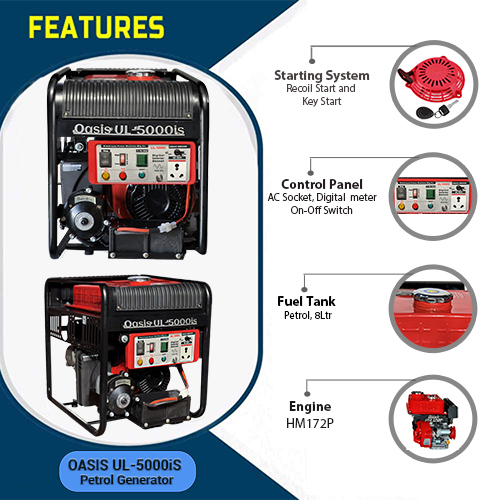5 KVA Smart Portable Digital Inverter Generator Oasis UL-5000is, Recoil Start & Self Start