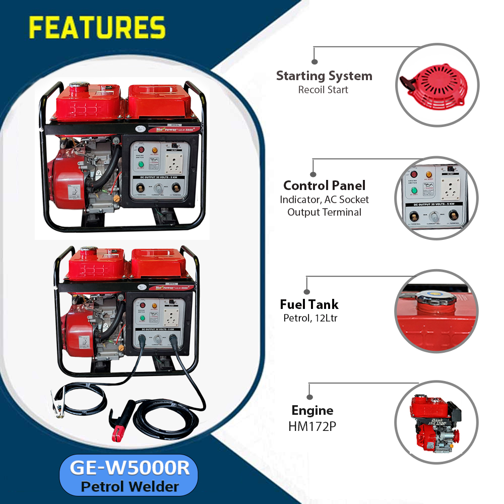  200 Amps Petrol Welding Generator,3 KVA AC Output, Model GE-W5000R, Recoil Start