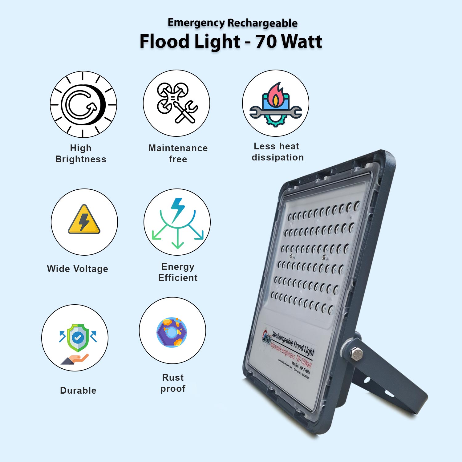 Solar LED Flood Light 70 Watt with 5000Mah, Battery, Cell Type-21700, Full Brightness: 7900 Lm  - Lithium, HP-F70Li Plus 1 Pcs Charger Adapter