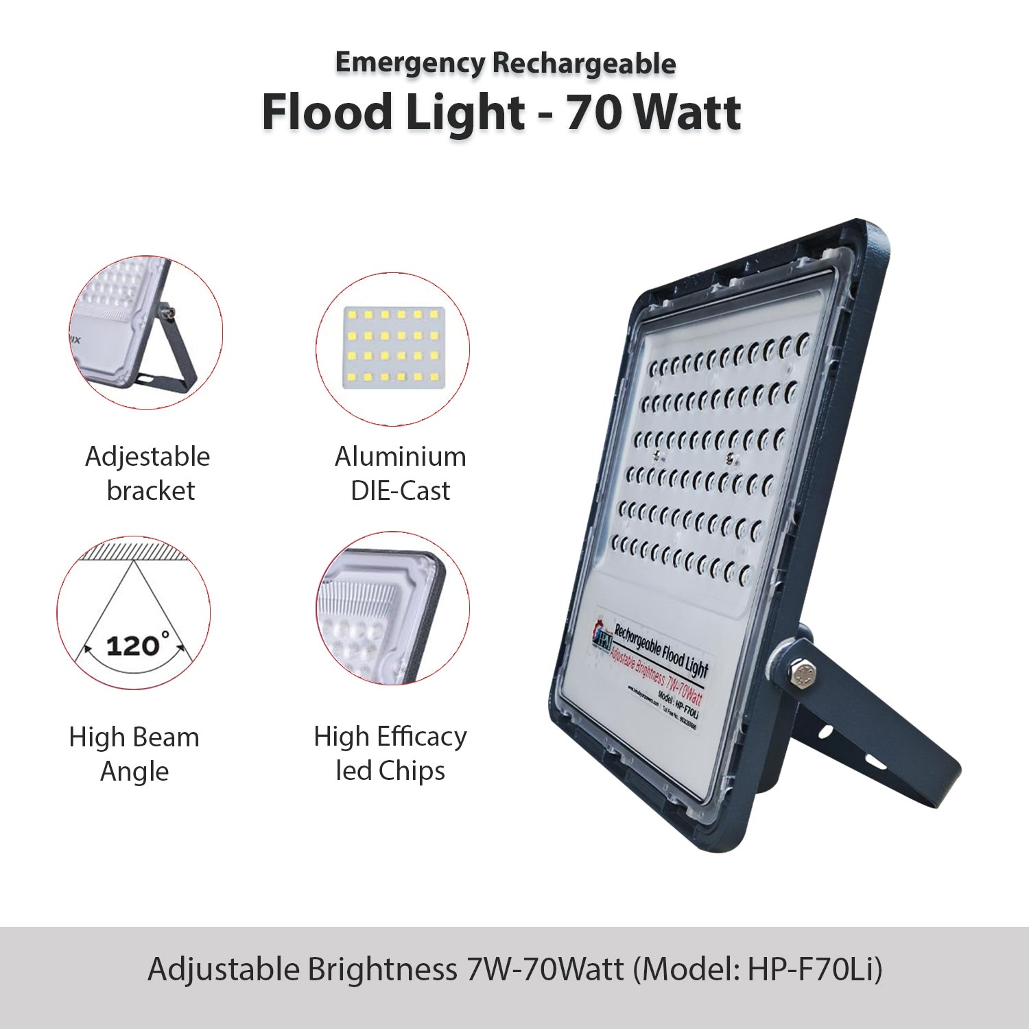 Solar LED Flood Light 70 Watt with 5000Mah, Battery, Cell Type-21700, Full Brightness: 7900 Lm  - Lithium, HP-F70Li Plus 1 Pcs Charger Adapter
