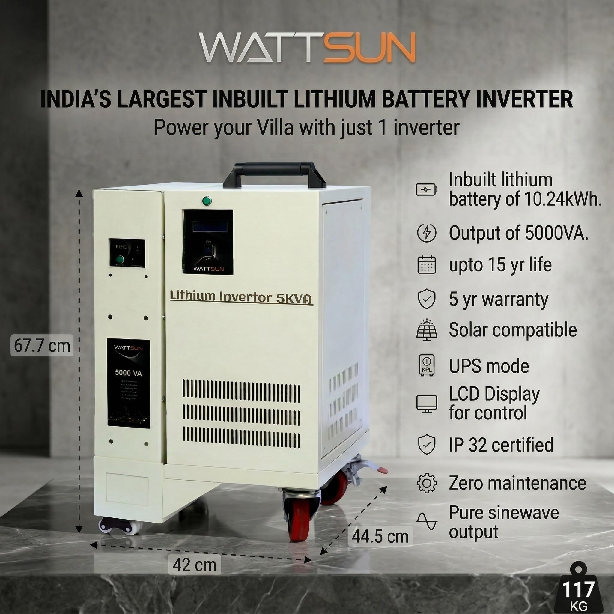 Solar Lithium Inverter UPS-5KVA, PL-5000W, (Panels optinal at extra cost) *Backup upto 8 hours with continue 1.5 ton AC) *1500VA (Bulb Load)
