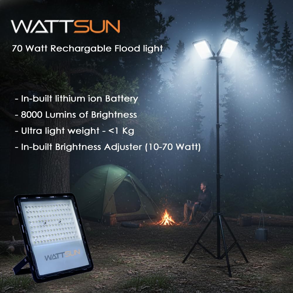 Solar LED Flood Light 70 Watt with 5000Mah, Battery, Cell Type-21700, Full Brightness: 7900 Lm  - Lithium, HP-F70Li Plus 1 Pcs Charger Adapter
