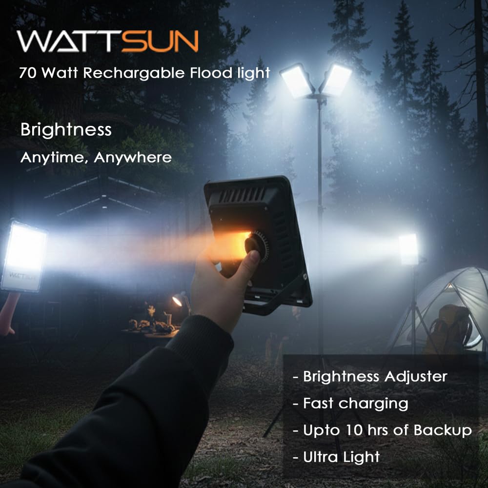 Solar LED Flood Light 70 Watt with 5000Mah, Battery, Cell Type-21700, Full Brightness: 7900 Lm  - Lithium, HP-F70Li Plus 1 Pcs Charger Adapter