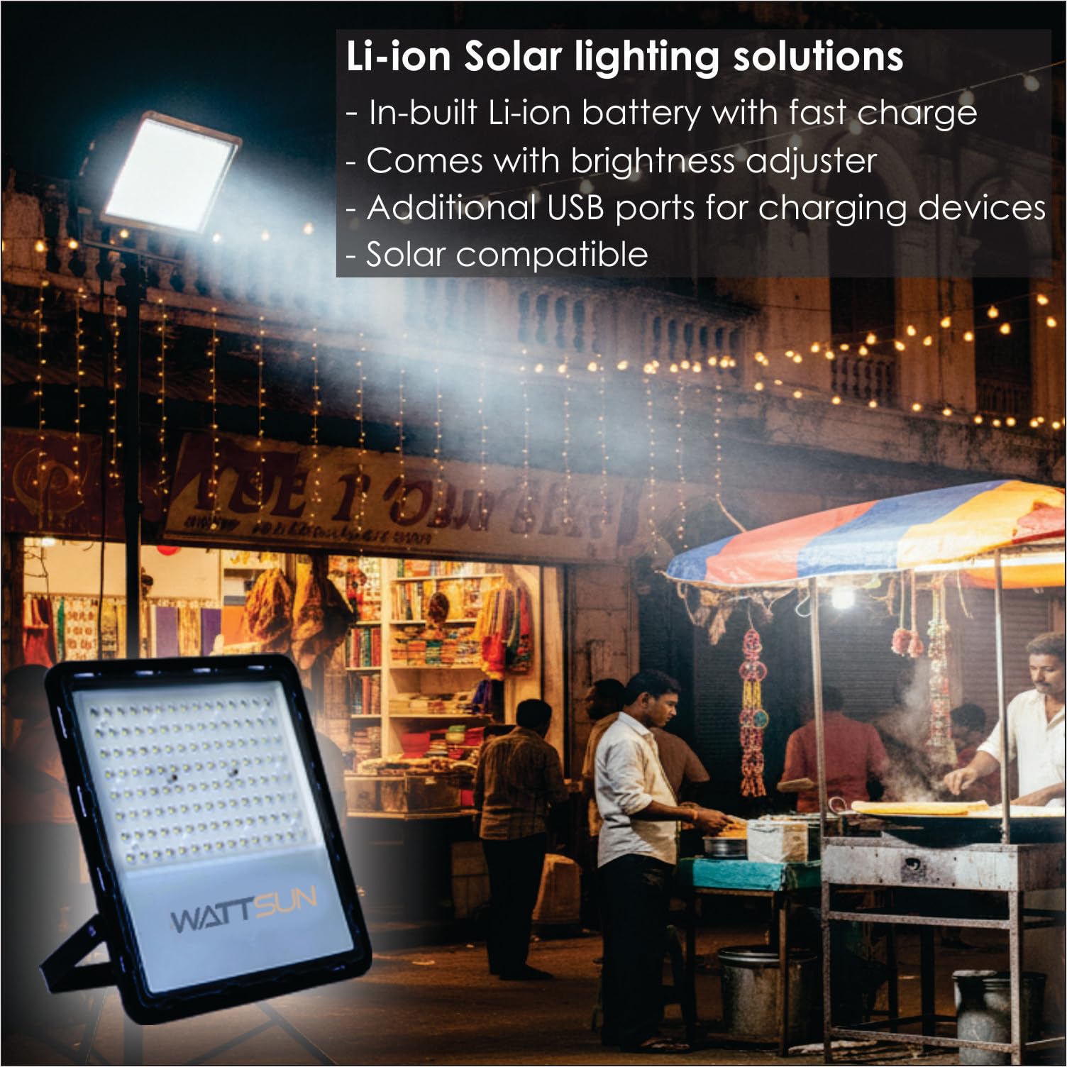 Solar LED Flood Light 70 Watt with 5000Mah, Battery, Cell Type-21700, Full Brightness: 7900 Lm  - Lithium, HP-F70Li Plus 1 Pcs Charger Adapter