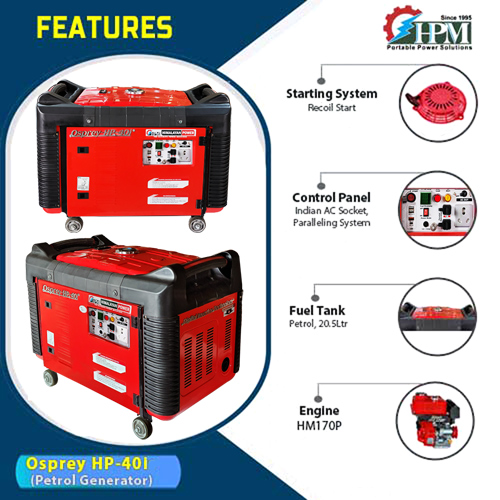 4 KVA Petrol Inverter Generator with lpg , Model Osprey HP-40i, Recoil Start