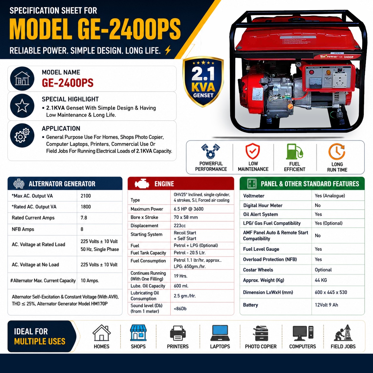 2KVA Portable Generator, Model GE-2400PS, Petrol Run Recoil & Self Start