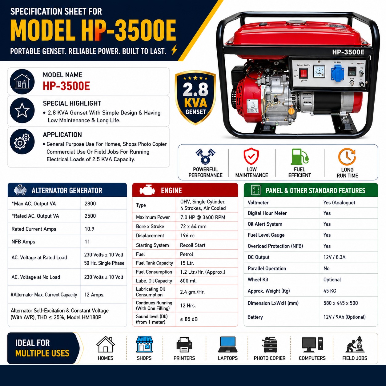 3 KVA Portable Petrol Generator with Self Start & LPG Compatibility - HP-3500E