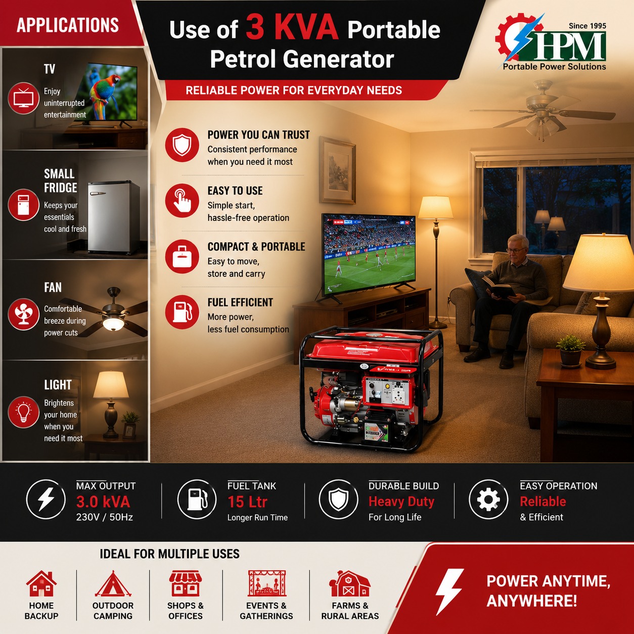 3 KVA Portable Petrol Generator with Self Start & LPG Compatibility - HP-3500E
