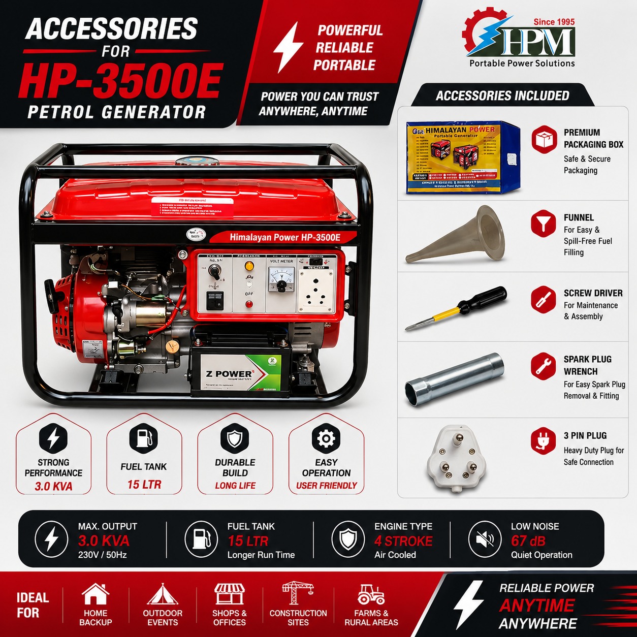 3 KVA Portable Petrol Generator with Self Start & LPG Compatibility - HP-3500E