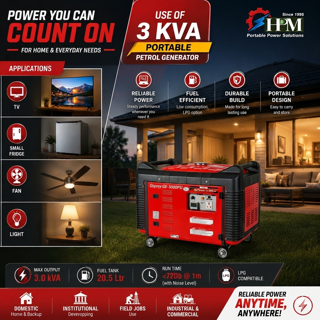 3 KVA Portable Inverter Petrol Generator - Osprey GE-3000PSi Silent & Fuel Efficient