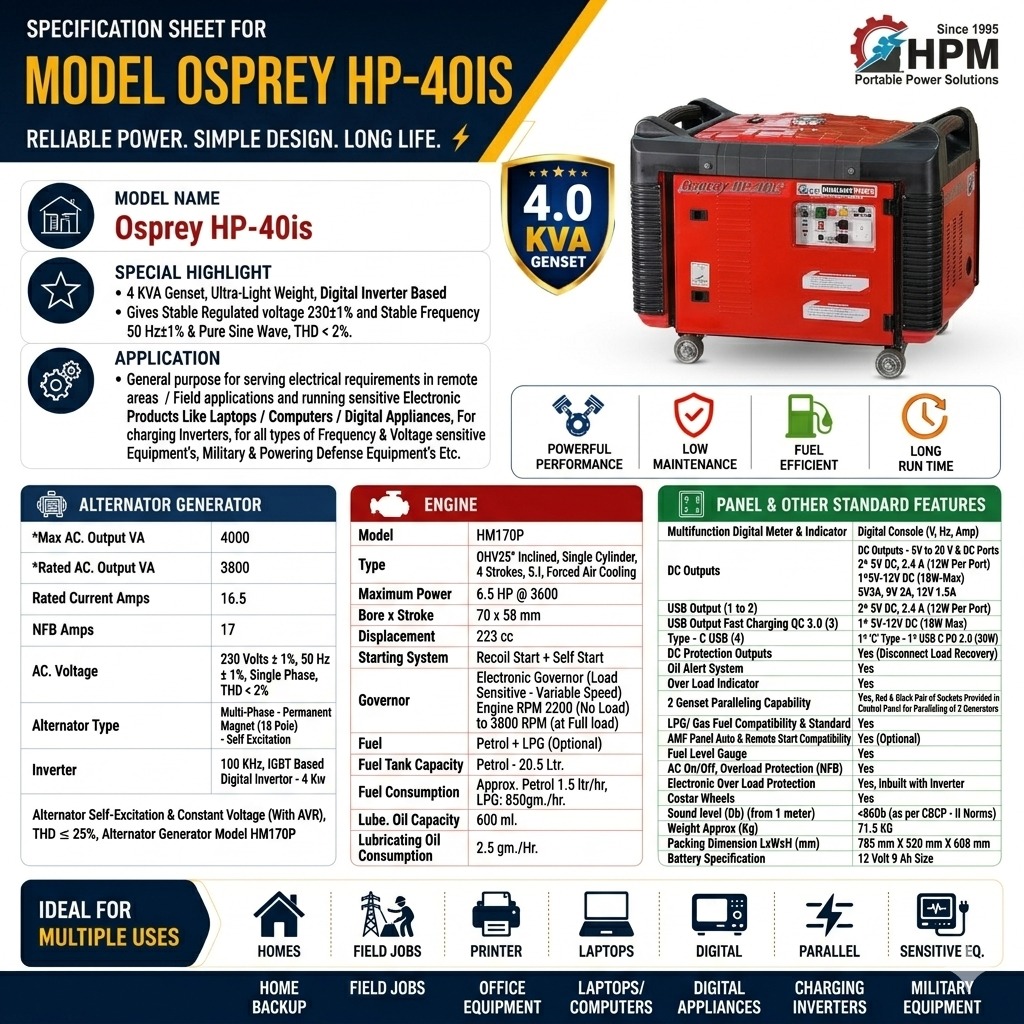 4 KVA Portable Silent Inverter Generator, Model  Osprey HP-40is