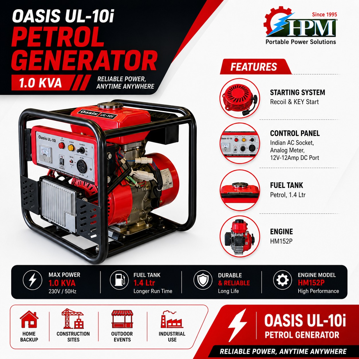 1 KVA Ultra Lightweight Inverter Petrol Generator - Oasis UL-10i 
