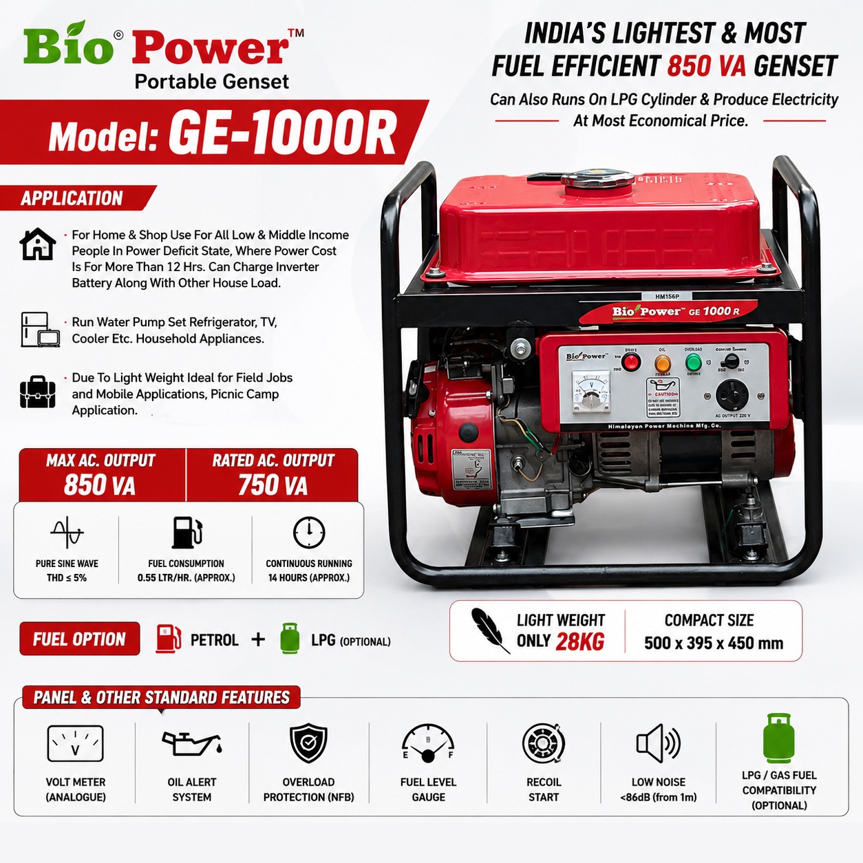 1 KVA Recoil Start Portable Petrol Generator - GE-1000R Fuel Efficient
