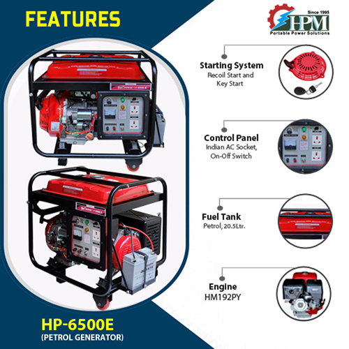 5.5 KVA Portable Petrol Generator with lpg , Model HP-6500, Recoil & Self Start