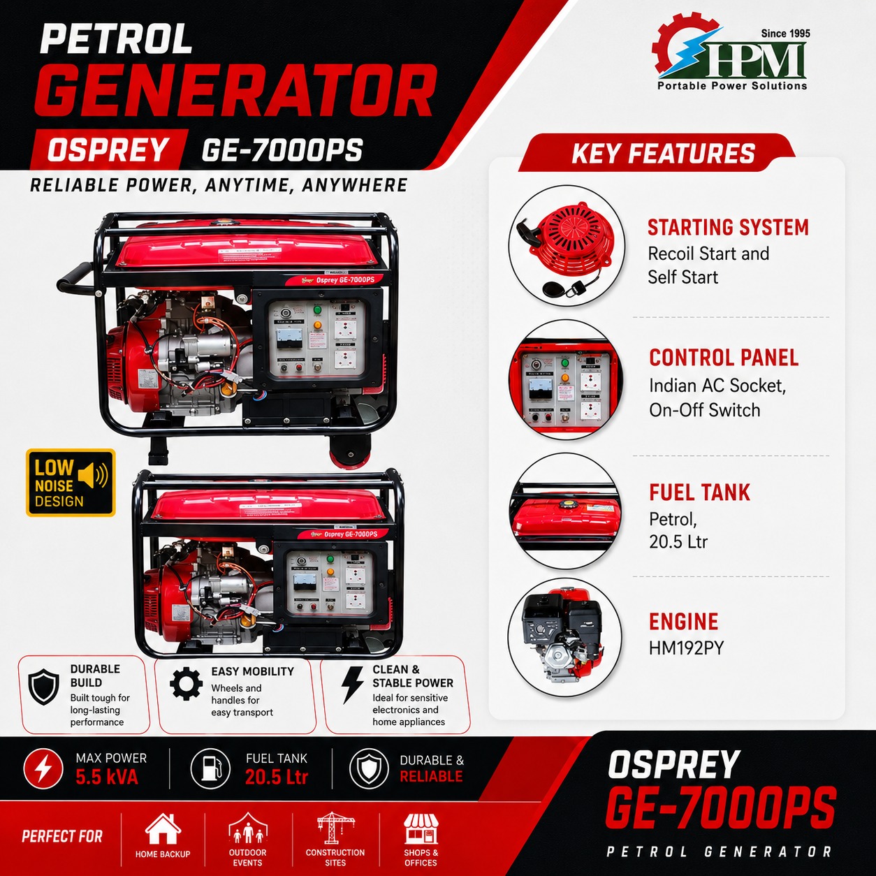 6 KVA Portable Petrol Generator, Model GE-7000PS