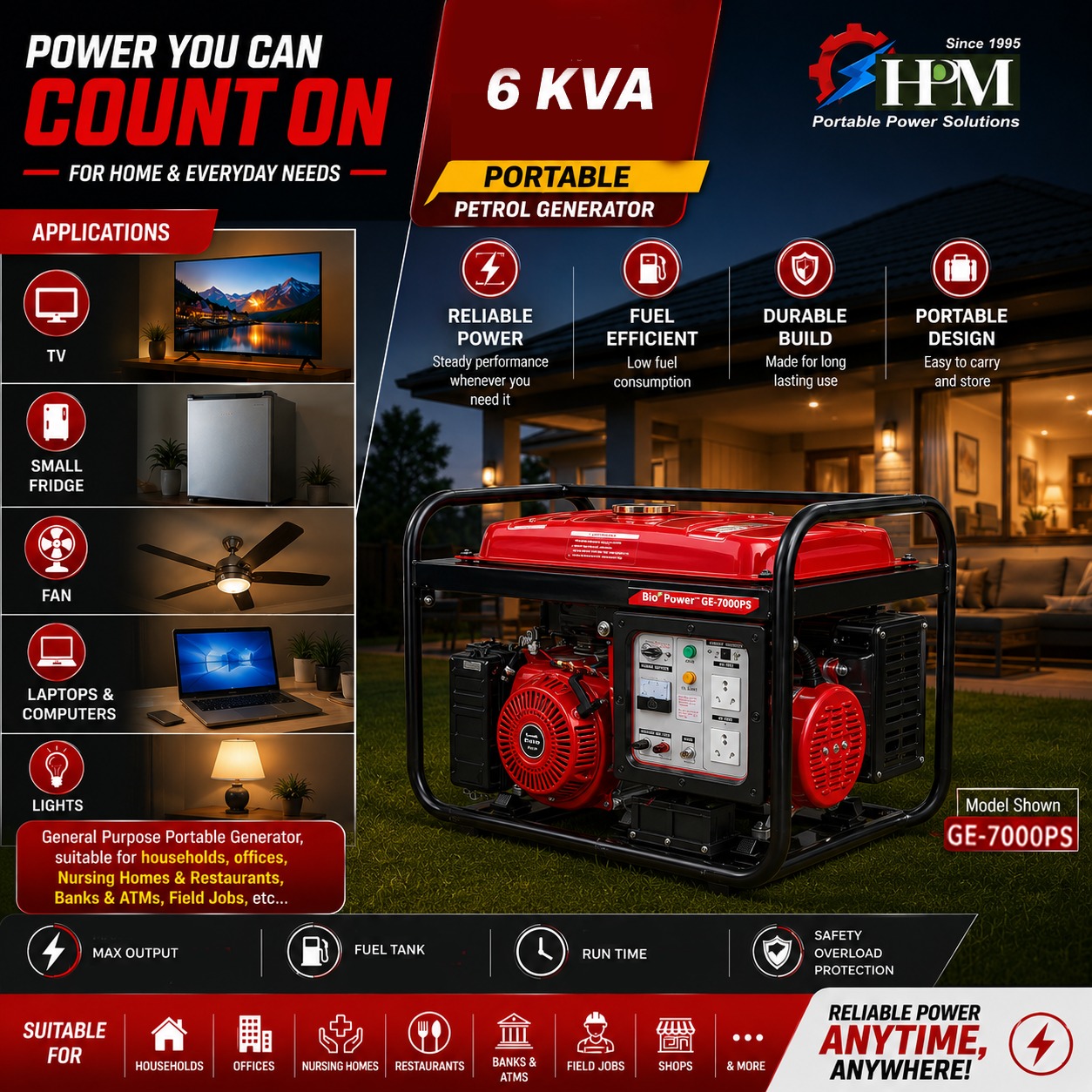 6 KVA Portable Petrol Generator, Model GE-7000PS