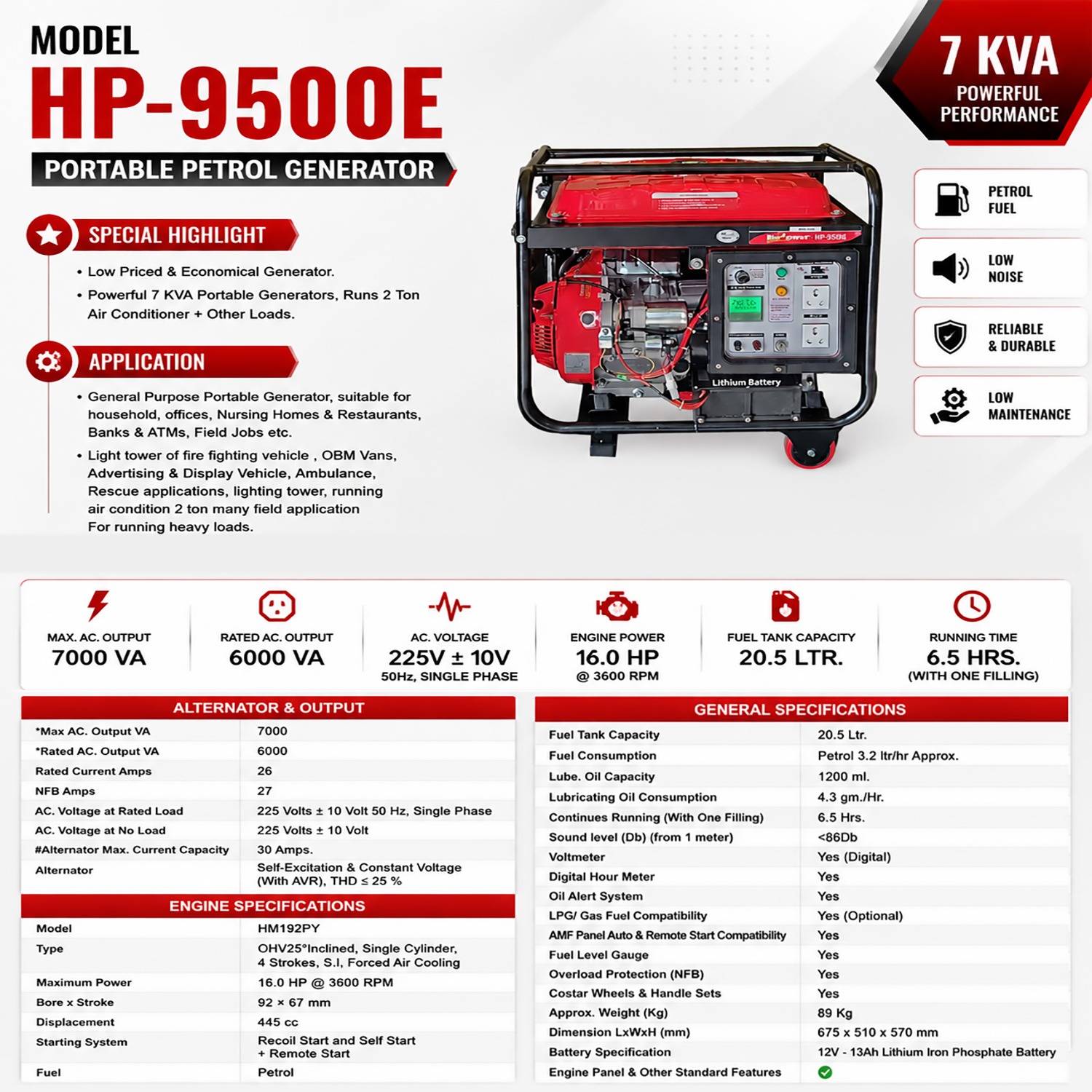 7 KVA Self Start Portable Petrol Generator - HP-9500E for 2 Ton AC