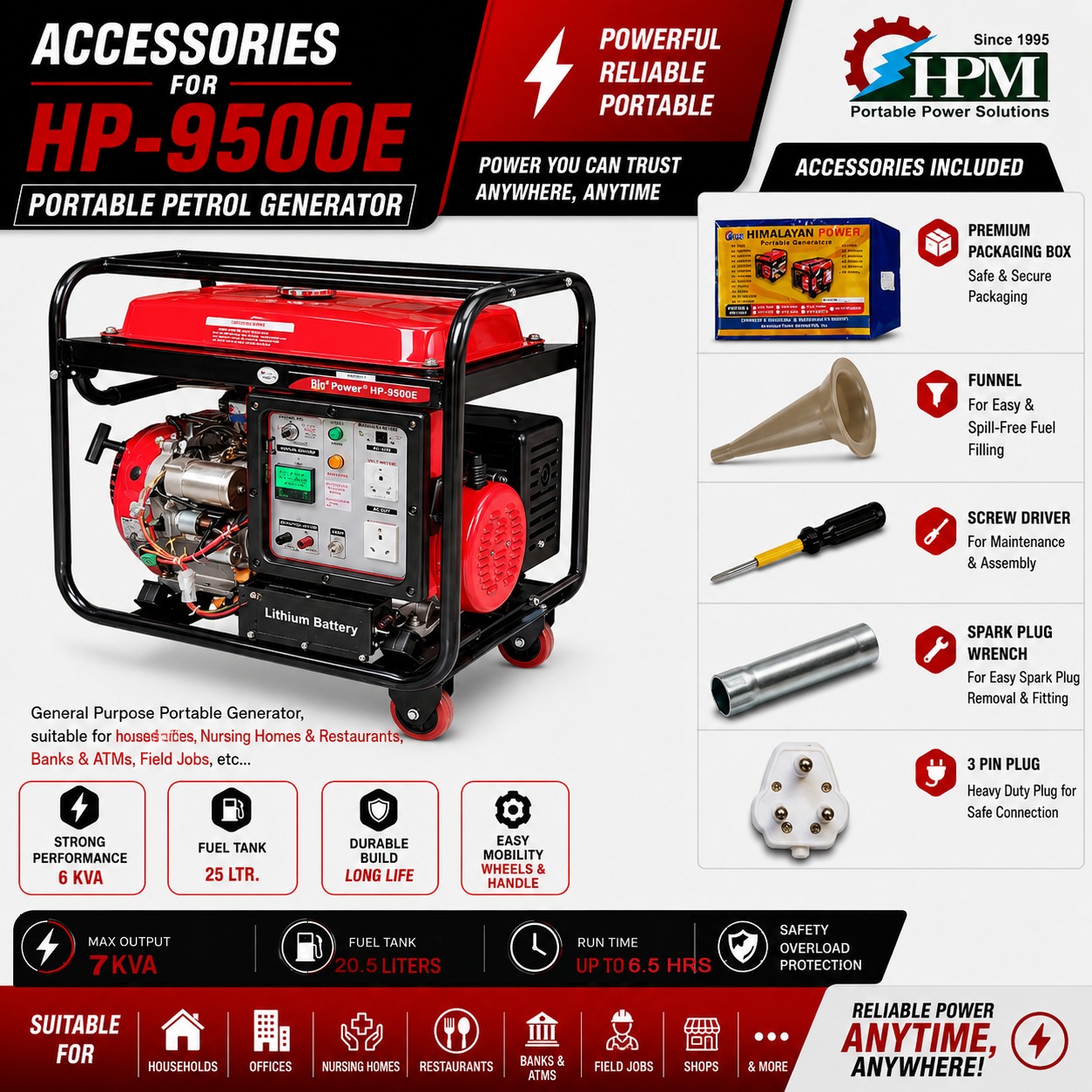 7 KVA Self Start Portable Petrol Generator - HP-9500E for 2 Ton AC