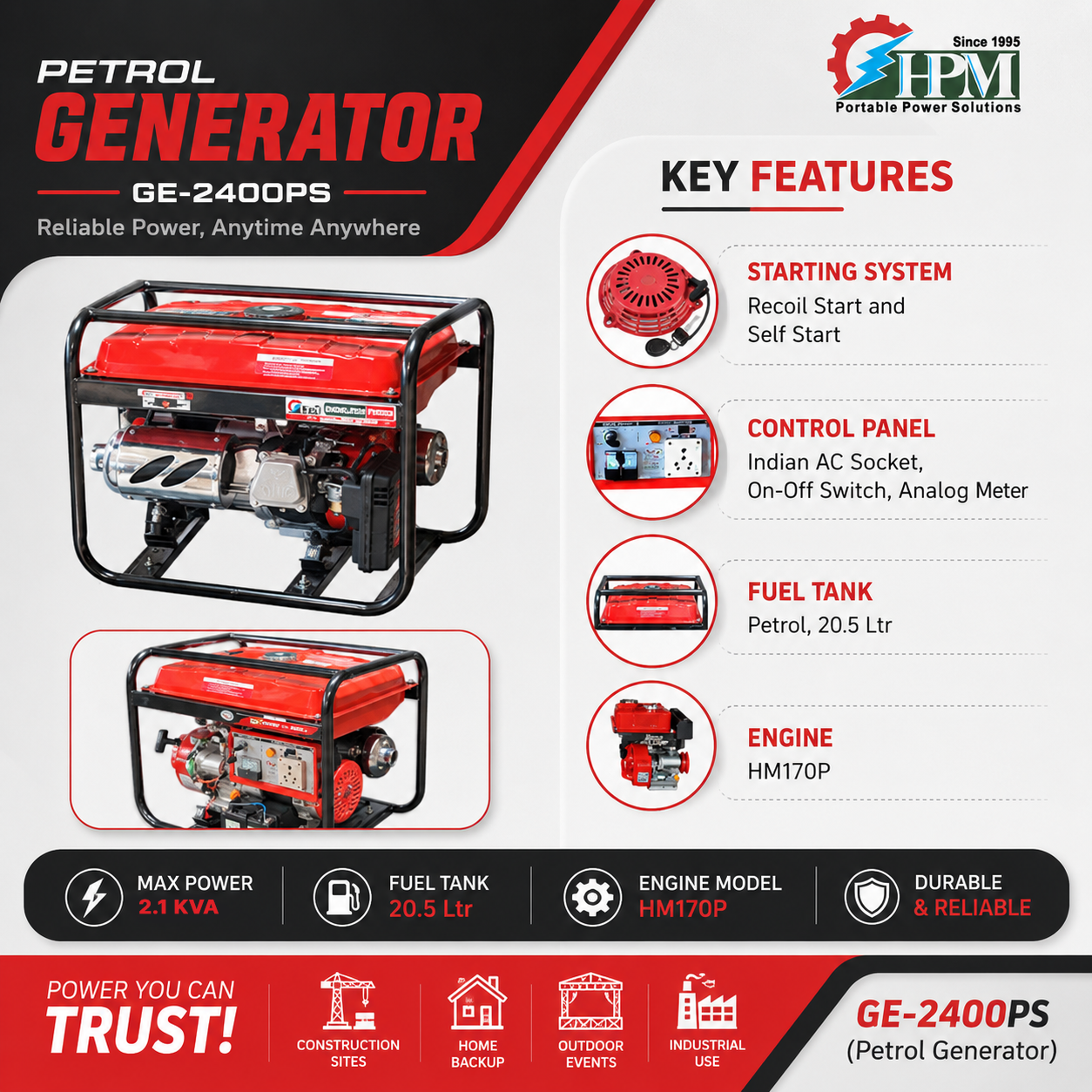 2KVA Portable Generator, Model GE-2400PS, Petrol Run Recoil & Self Start