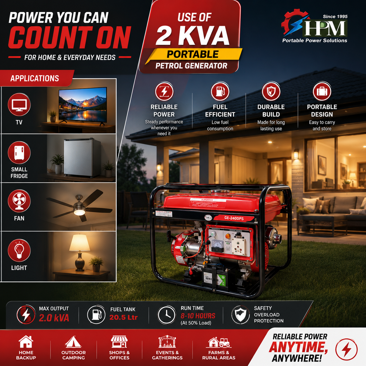 2KVA Portable Generator, Model GE-2400PS, Petrol Run Recoil & Self Start