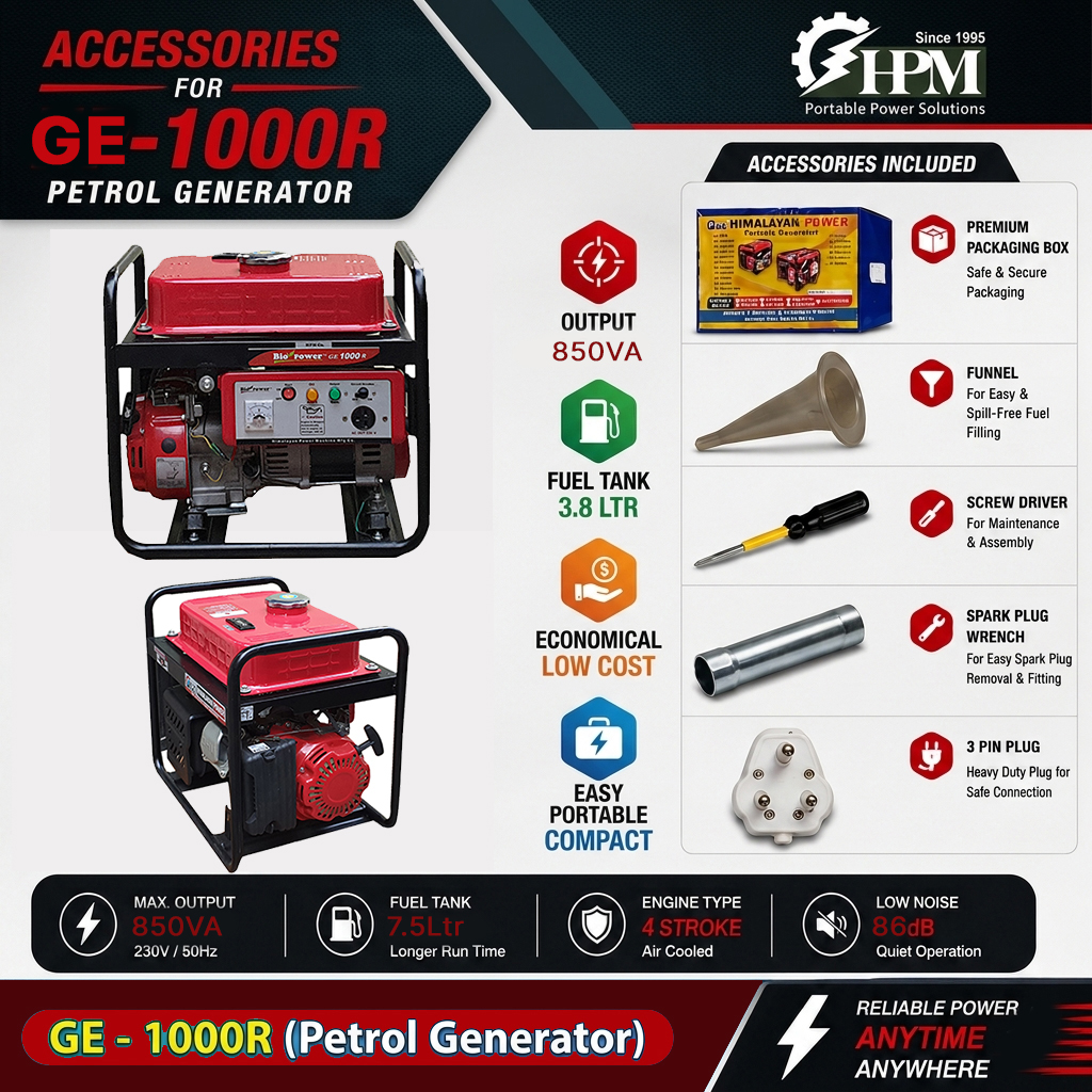 1 KVA Recoil Start Portable Petrol Generator - GE-1000R Fuel Efficient