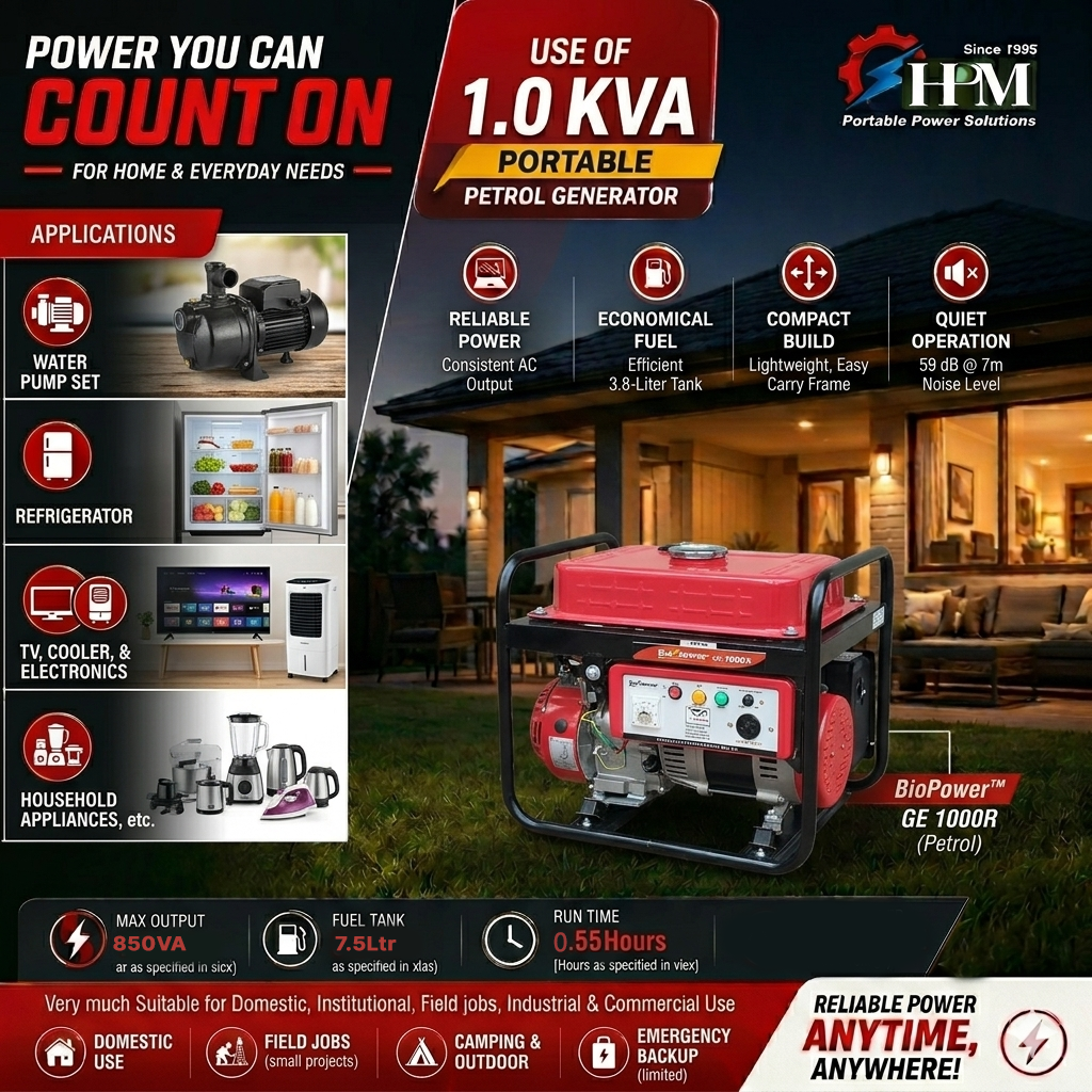 1 KVA Recoil Start Portable Petrol Generator - GE-1000R Fuel Efficient