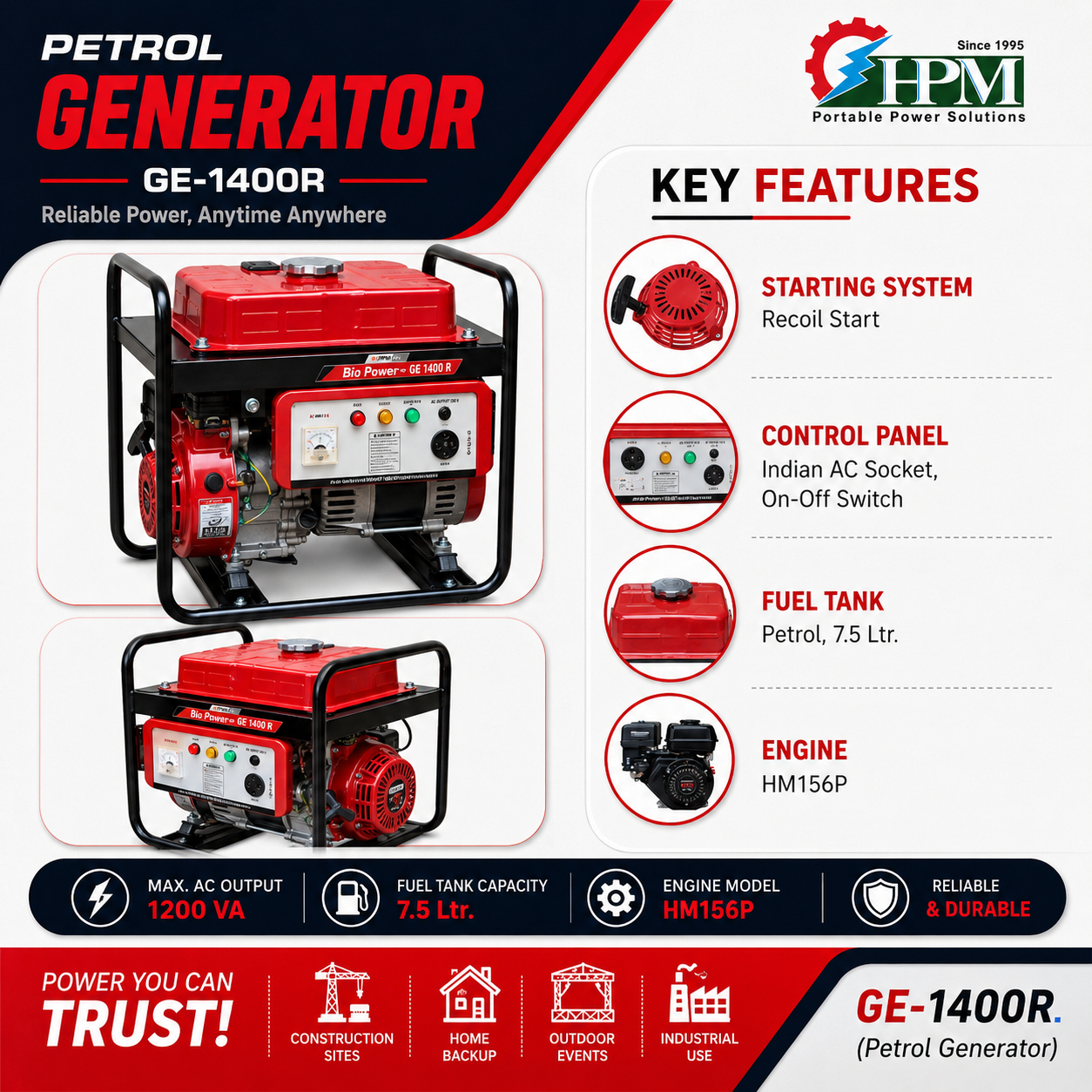 1.2 KVA Recoil Start Portable Petrol & LPG Generator - GE 1400 R