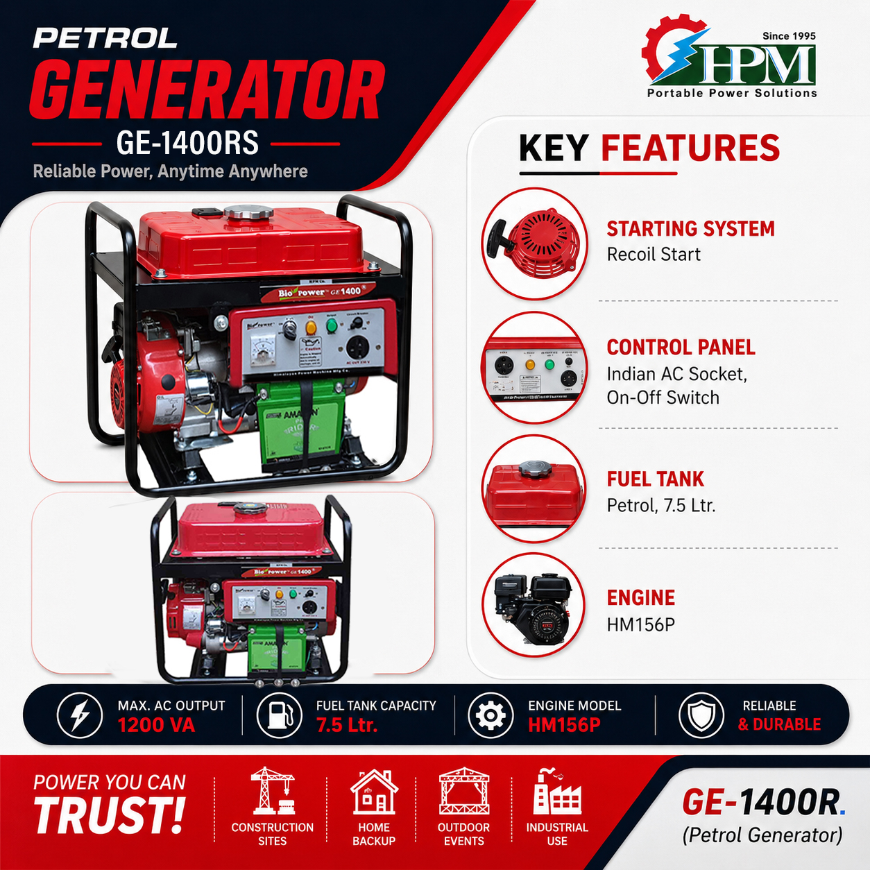 1.2 KVA Portable Petrol Generator with Self Start Option GE 1400 RS