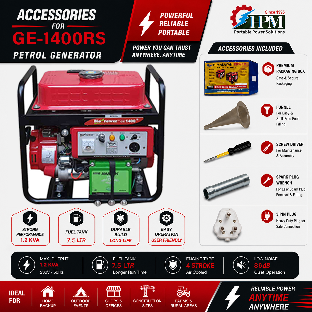 1.2 KVA Portable Petrol Generator with Self Start Option GE 1400 RS