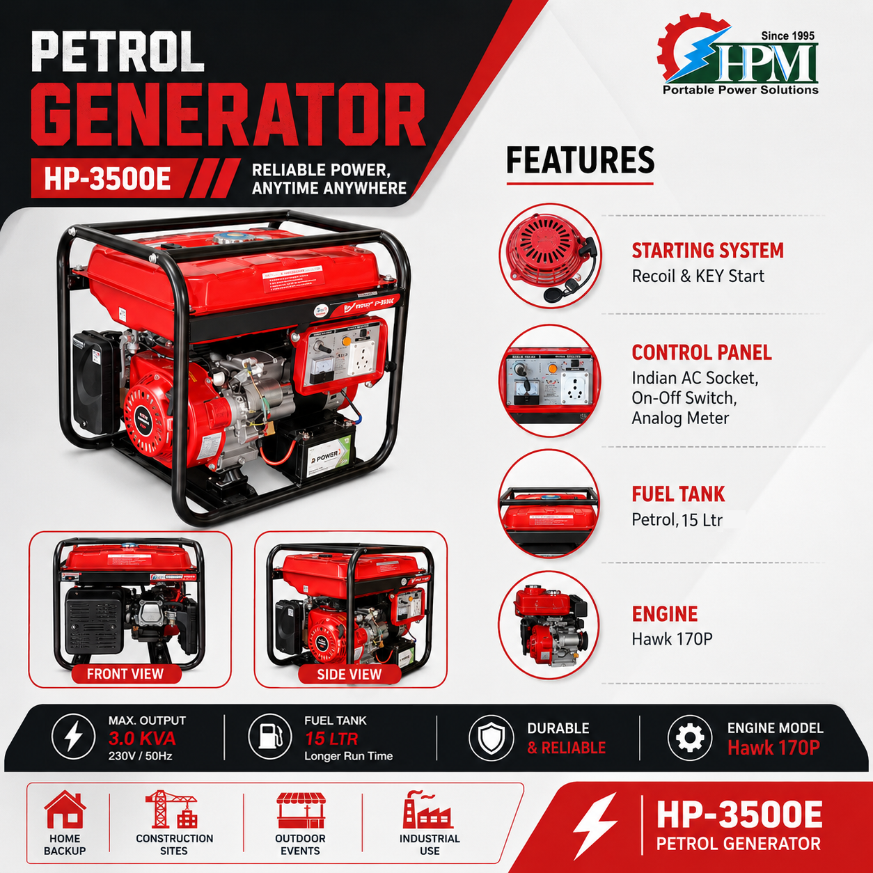 3 KVA Portable Petrol Generator with Self Start & LPG Compatibility - HP-3500E