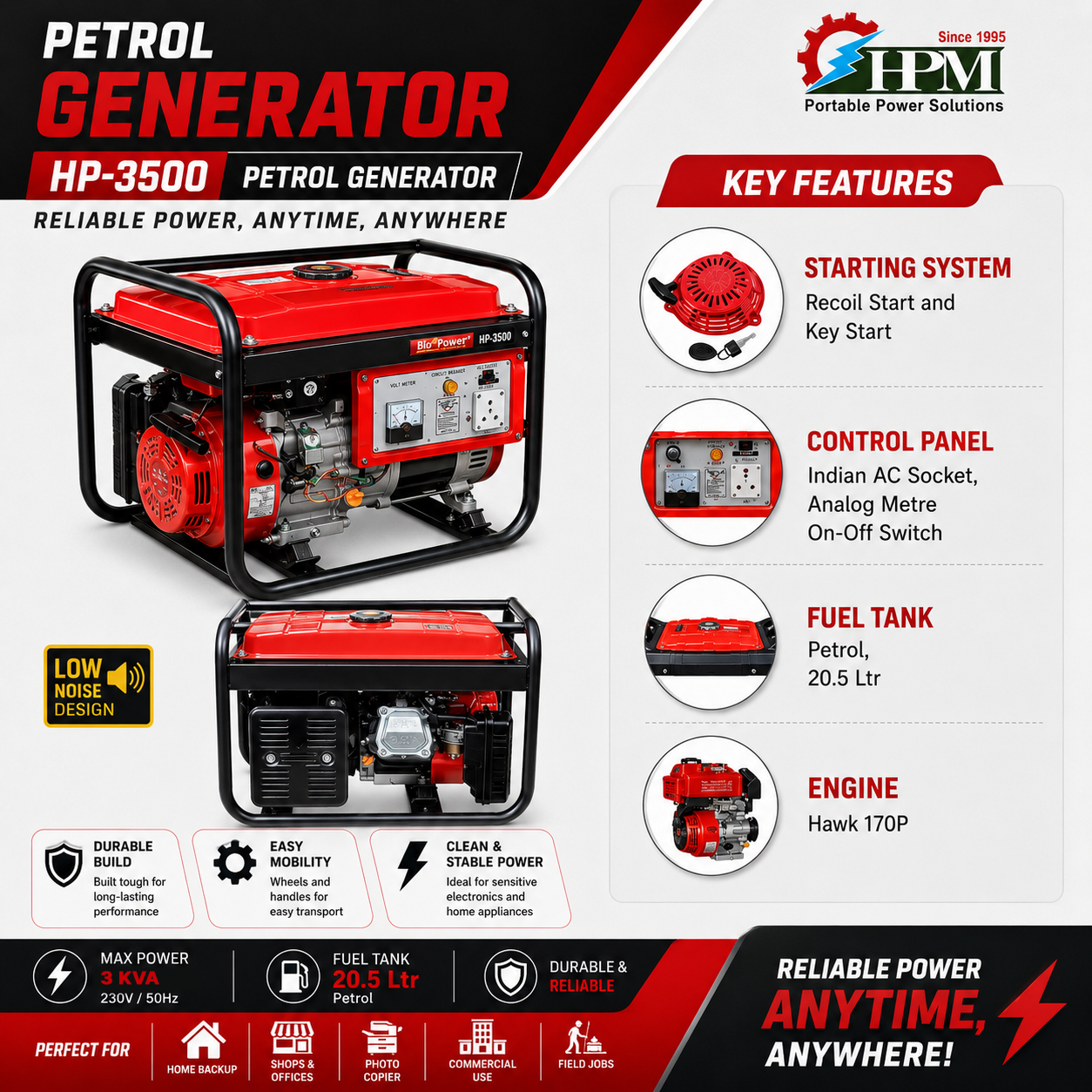 3 KVA Recoil Start Portable Petrol Generator - HP-3500