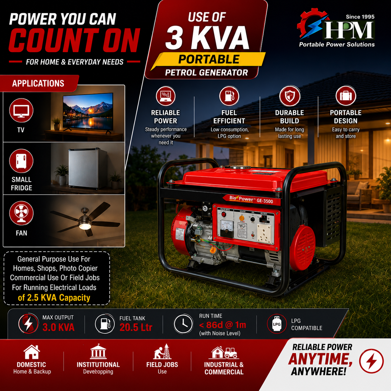 3 KVA Recoil Start Portable Petrol Generator - HP-3500