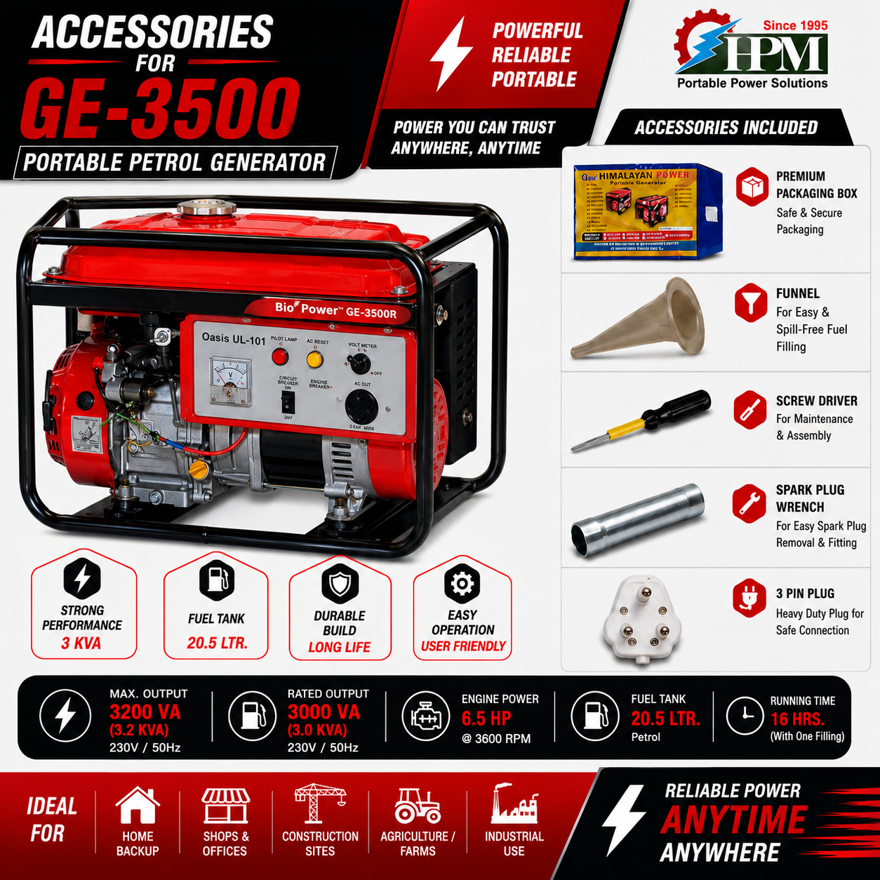 3 KVA Recoil Start Portable Petrol Generator - HP-3500
