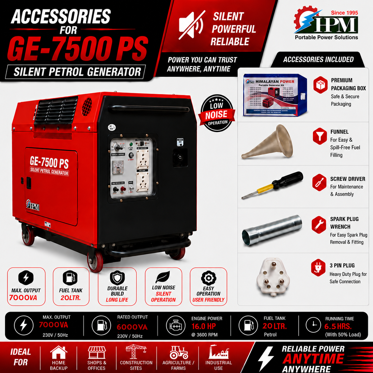 7 KVA  Petrol Generator, Model Silent GE-7500PS, Recoil & Self Start