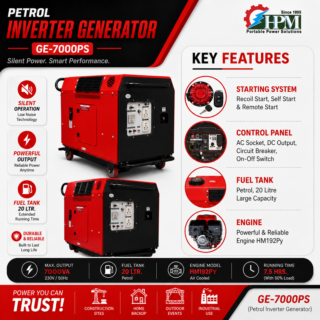 7 KVA  Petrol Generator, Model Silent GE-7500PS, Recoil & Self Start