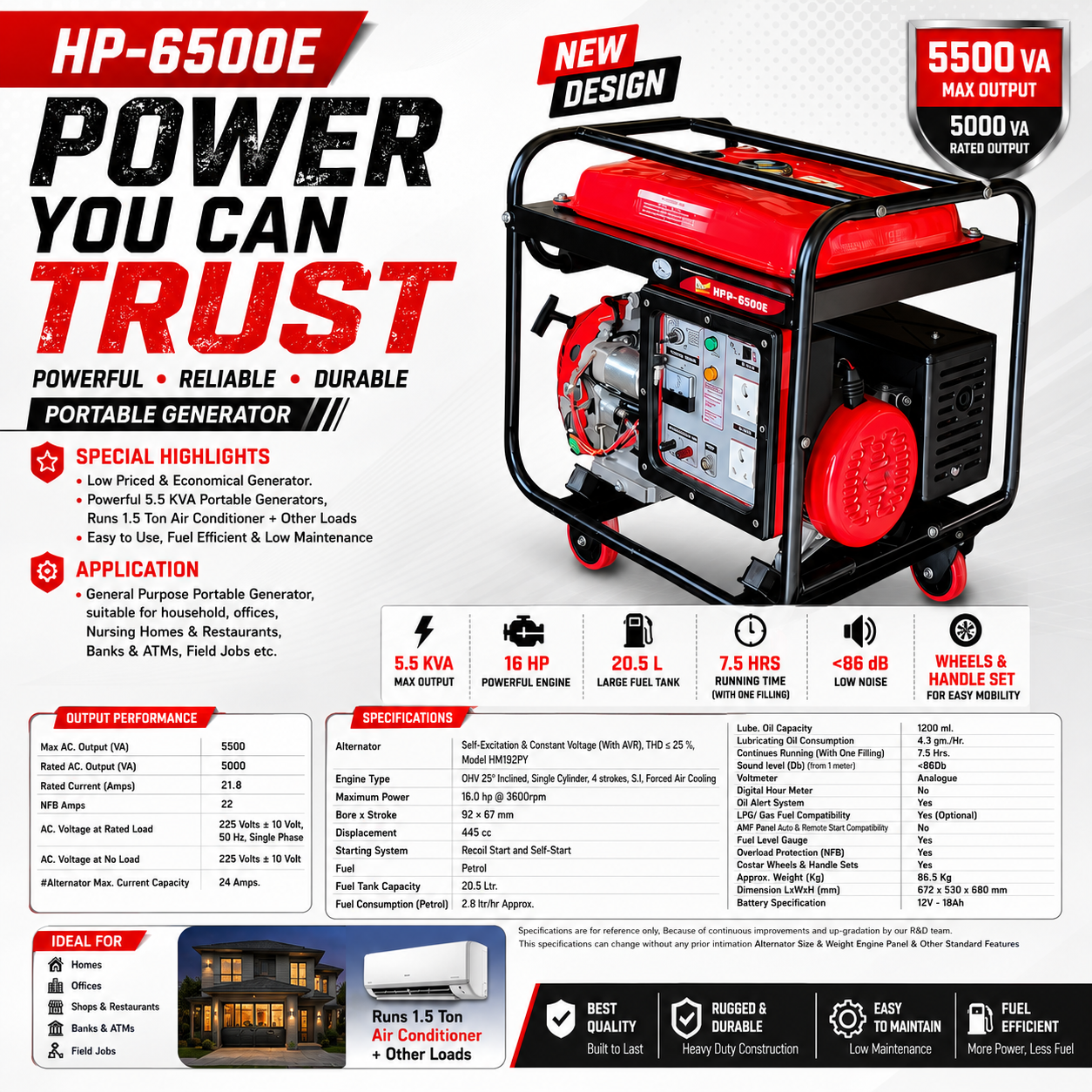 5.5 KVA Portable Petrol Generator, Model HP-6500, Recoil & Self Start