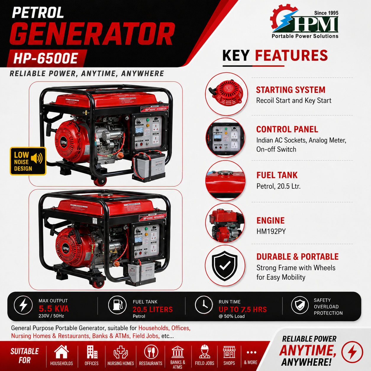 5.5 KVA Portable Petrol Generator, Model HP-6500, Recoil & Self Start