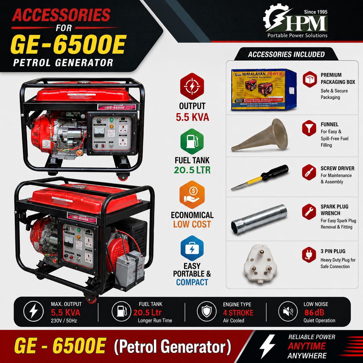 5.5 KVA Portable Petrol Generator, Model HP-6500, Recoil & Self Start