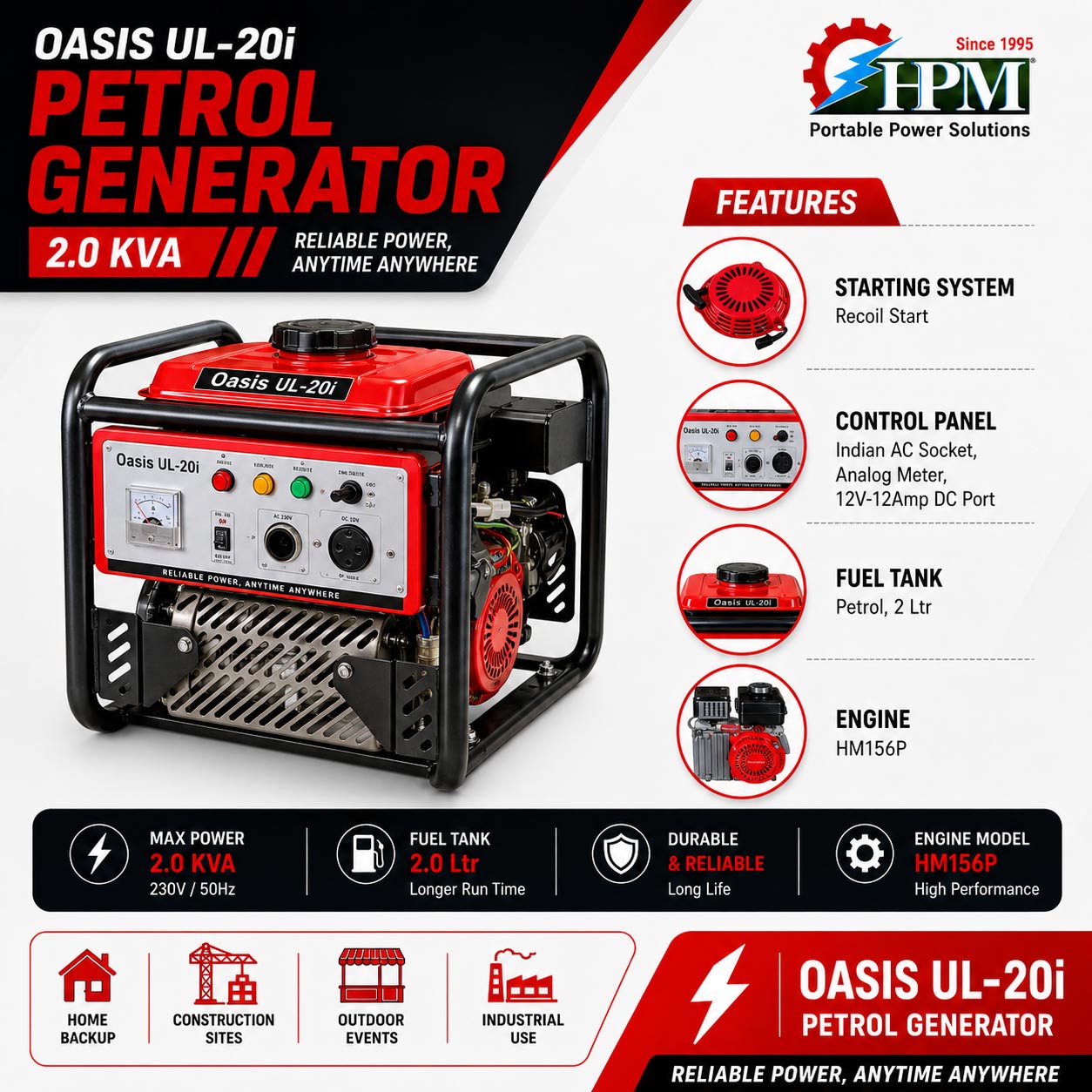 2 KVA Petrol Inverter Generator , Model Oasis UL-20i , Recoil Start