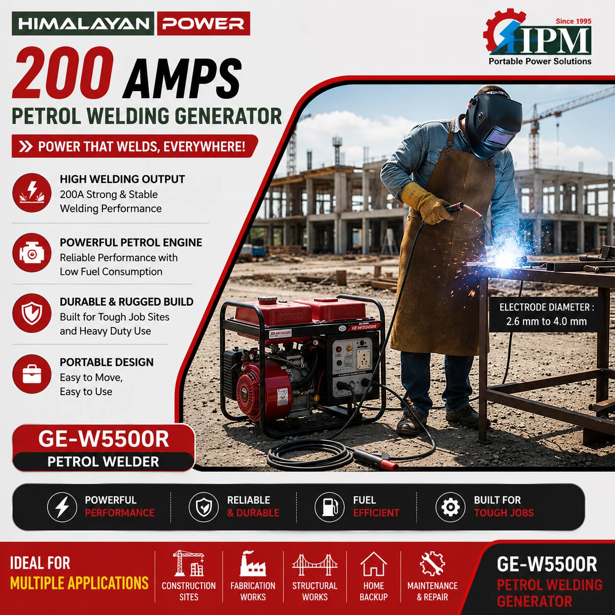 GE-W5000R 200 Amps Petrol Welding Generator with 3 KVA AC Output