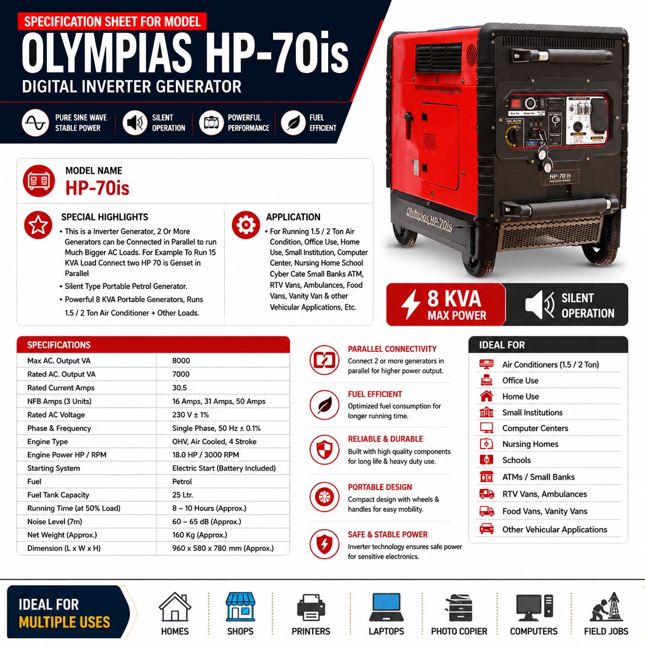 8 KVA Pure Sine Wave Portable Inverter Generator (Recoil, Self & Remote Start), Olympias HP-70is 
